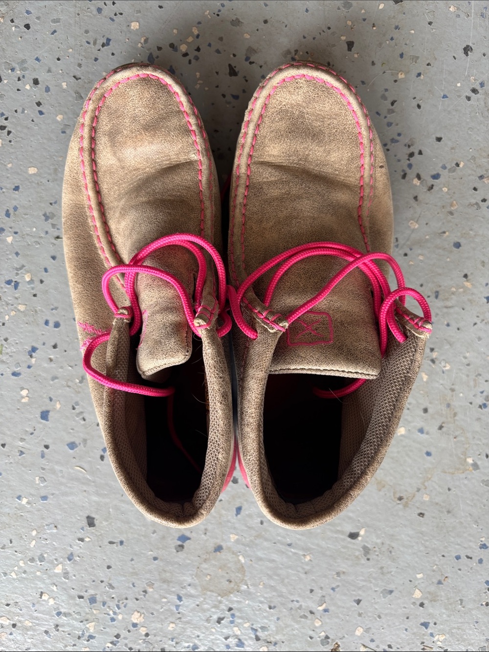Twisted X Brown Suede Moccasins with Pink Laces and Stitching